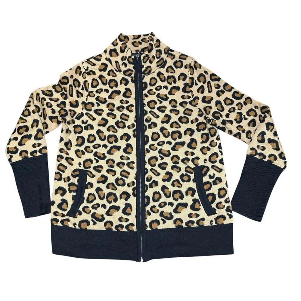 Rachel‎ Zoe Beige Leopard print full zip sweater  size Large Pockets Soft